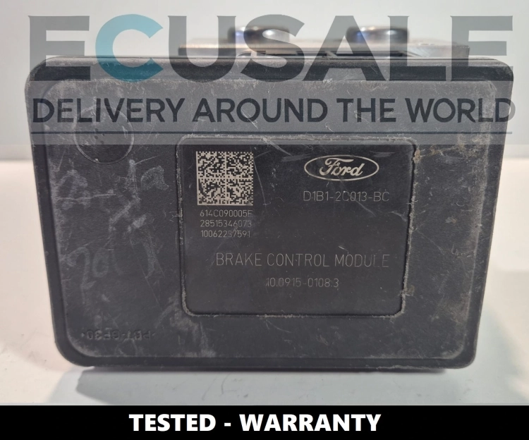 Acercamiento a la placa de identificación de la bomba ABS Ford – números D1B1-2C405-AE y D1B1-2C013-BC.