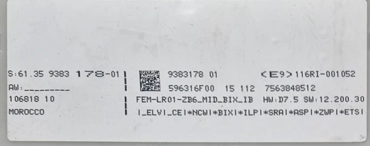 Étiquette du module 61.35-9383178-01 / 9383178, FEM-LR01-ZB6-MID_BIX_IB, 596316F00, 756384851P.