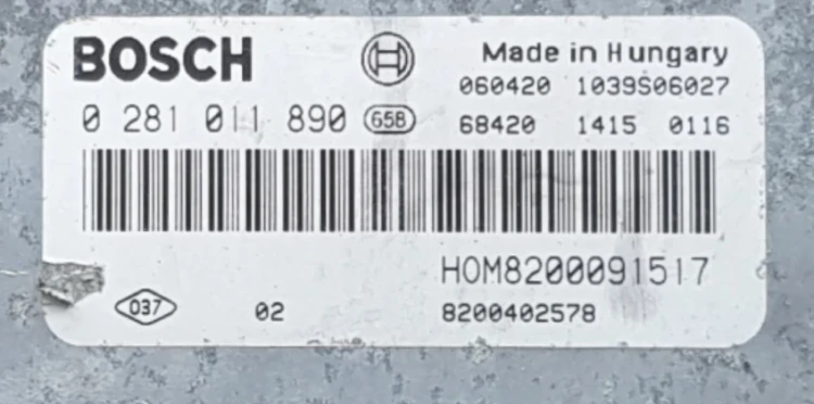 Étiquette du calculateur moteur Bosch 0281011890 HOM8200091517 8200402578