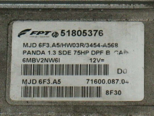 Étiquette du calculateur moteur Fiat Panda 1.3 51805376 MJD 6F3.A5