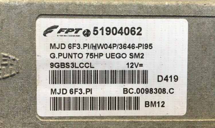 Etiqueta de la centralita del motor 51904062 MJD 6F3.PI Fiata Grande Punto 75 HP