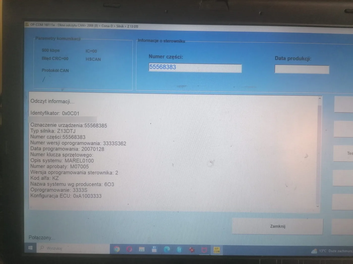 Lecture du calculateur Opel Corsa D 1.3 CDTI 55568383 KZ dans OP-COM