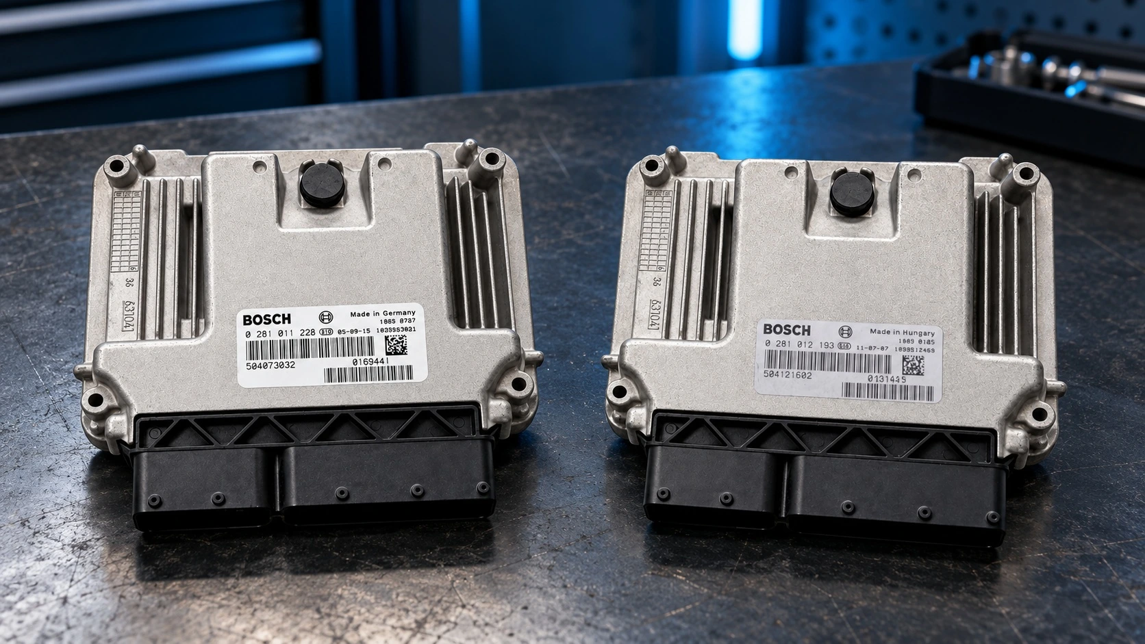Deux calculateurs moteur Bosch pour Iveco Daily, références 0281011228 et 0281012193